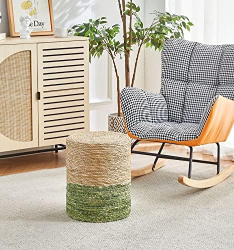 14" Boho Pouf Patio Ottomans Natural Straw Handweave Rustic Round Footstool