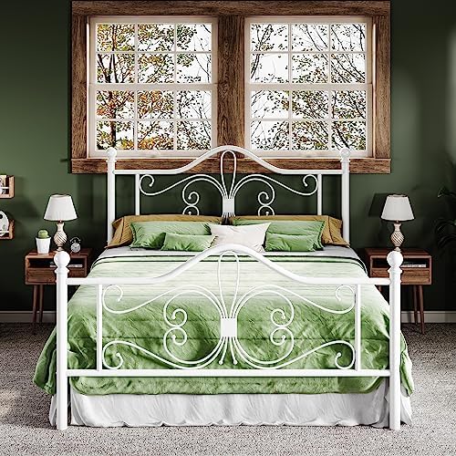Allewie Metal Queen Platform Bed Frame, Butterfly Pattern Design, White