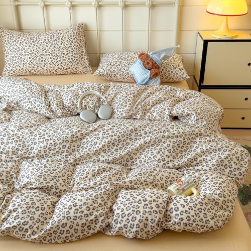 mixinni Muted Retro Leopard Print Duvet Cover Set Full Size, 3PCS Cute Sexy Cheetah Bedding, 100% Cotton Double Gauze Soft Aesthetic Cream Vintage Bedding Set with 2 Pillowcases for Girls Women
