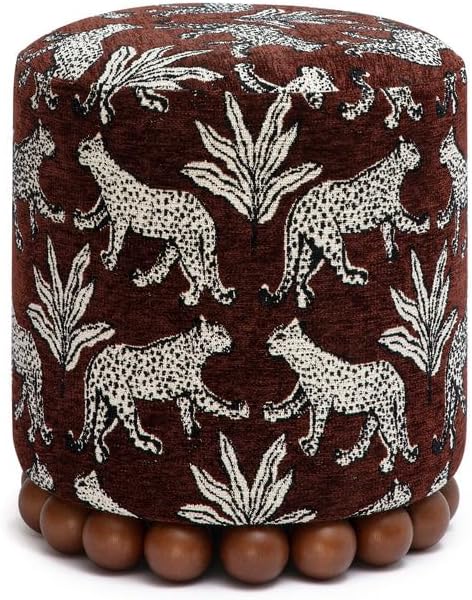 First of a Kind Brown Leopard Jacquard Ottoman, Upholstered Accent Stool and Footrest with Plush Foam-Padded Top and Solid Wood Orb Legs