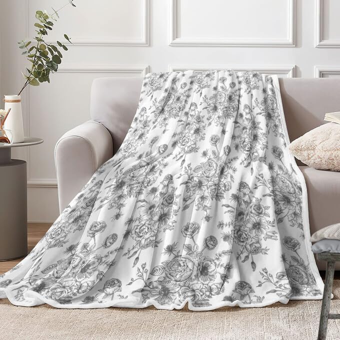 Floral Throw Blanket, Botanical Floral Blanket, Soft, Flannel, Warm, Boho Floral Bed Blanket All Season Flower Throw Blanket for Couch Bedroom Living Room, Gray 50X70 Inch