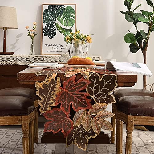 Embroidered Fall Table Runner 13.7 × 34 in, Thanksgiving Table Decor