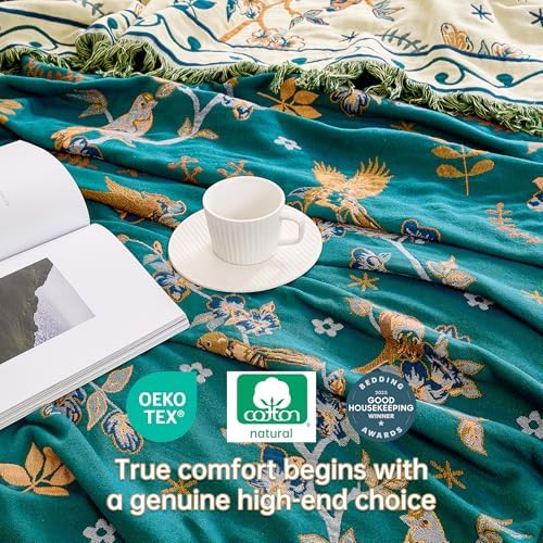 VANJOROY Boho 100% Cotton Large Throw Blanket - All Season Rustic Ultra Soft Breathable Floral Bird Blanket for Bed Sofa Couch Chair Bedspread Quilt Gift, 80" x 90"-Teal/Beige