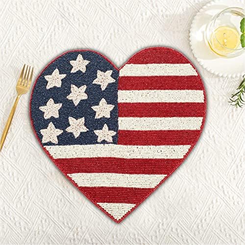 Lightnpro Heart‑Shaped Beaded Placemats Set of 2 – 13 Inch Red White Blue Charger Mats, Handcrafted Artisan Table Accessories, Decorative Table Décor for Independence Day & Memorial Celebrations