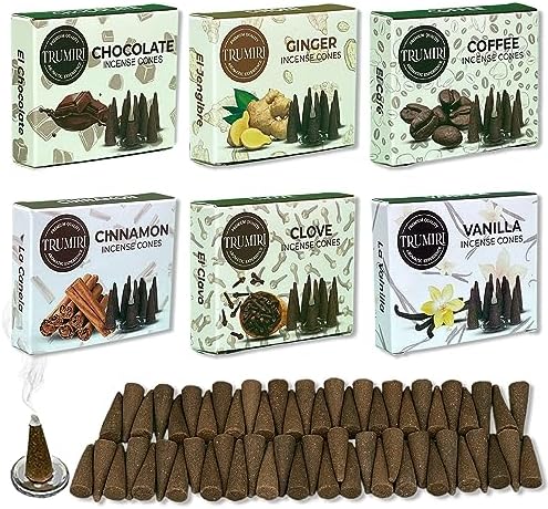 TRUMIRI Gourmet Incense Cones - Variety Pack - Total 60 Cone Incense (6 Scents x 10 Conos) - Vanilla, Cinnamon, Coffee, Chocolate, Clove, Ginger - Cone Incense Scents - Insense Cones - Incent Cone