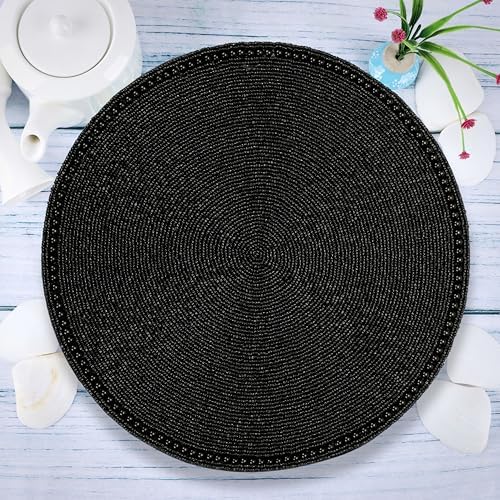 ALPHA Living HOME Beaded Placemats 13 Inch Black Handmade Table Chargers