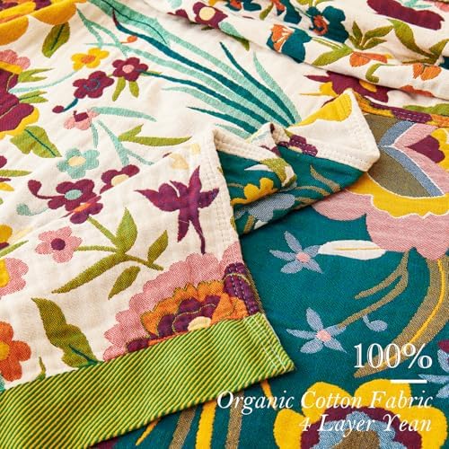 VANJOROY Boho Throw Blanket 50" x 60", 100% Organic Cotton Skin-Friendly Soft Bed Quilt Throw - All Season Floral Rustic Farmhouse Decor Luxury Blanket for Sofa Couch Chair and Gift.