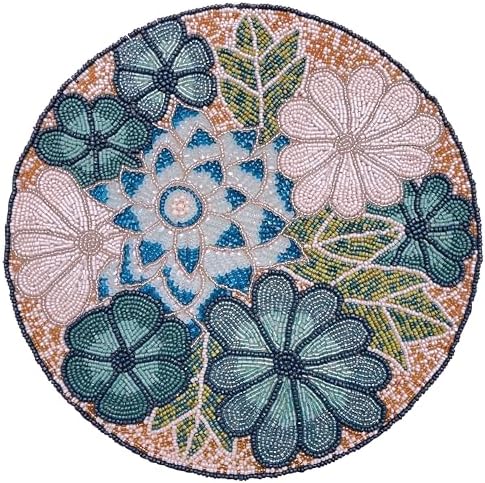 Beaded Placemats 13" Flower, Round Dining Table mat, Teal Multi