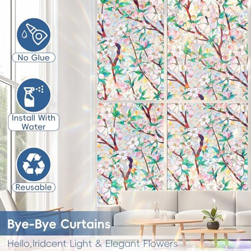 Rainbow Window Privacy Film Decorative Window Sticker, 3D Static Stained Glass Cling Tint for Home Heat Control Non-Adhesive, 17.5 Inch * 78.74 Inch