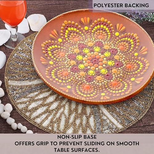 CLEENTABLE Brown Grey Round Beaded Placemats, Set of 2