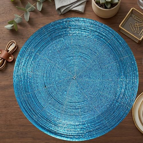 CLEENTABLE Beaded Round Placemats, Set of 4, Teal