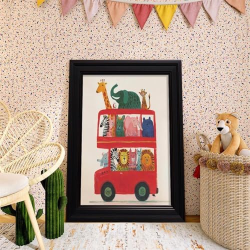 Vintage Framed Cute Colorful Animal Canvas Wall Art Modern Funny Kids Posters Safari Animals On Red Bus Scene Prints For Toddler Bedroom Nursery Wall Decor 24x36 inch
