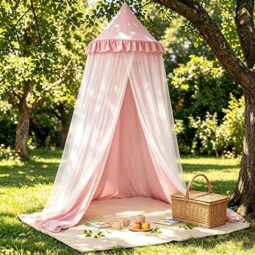 Kertnic Princess Bed Canopy for Girls, Double Layer Round Bed Mosquito Net, 31.5" Large Dome Indoor Castle Bed Tent, Sleeping & Reading Nook Curtain for Boys Girls (Beige Pink)