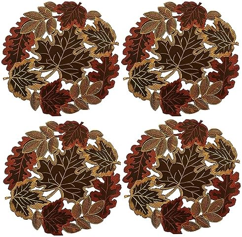Embroidered Fall Placemats Set of 4, 15 in, Thanksgiving Round Table Mats