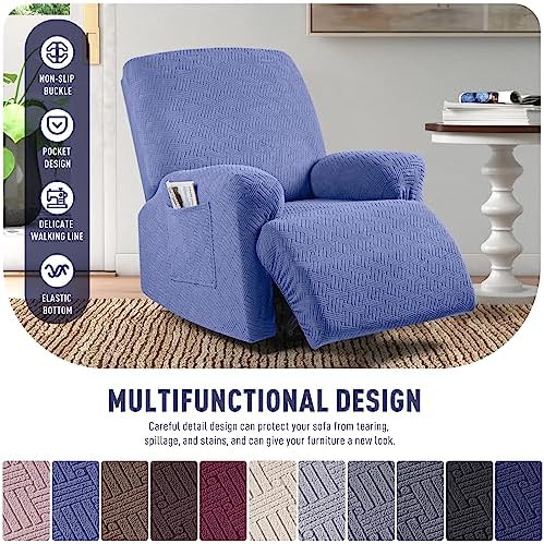 KinCam Recliner Covers, Stretch Reclining Chair Covers, Recliner Sofa Slipcovers Stripe Jacquard Recliner Couch Covers Furniture Protector Covers for Pet Kid (1 Seater, Lake Blue)
