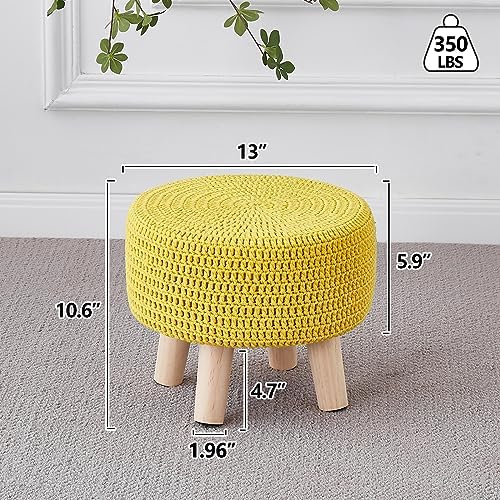 Wimarsbon Small Ottomans, 100% Hand Knitted Pouf, Round Footrest with 4 Non-Skid Wood Legs, Boho Décor Cotton Rope Pouffe Beside Sofa, Leisure Floor Step Chair for Living Room (Yellow)