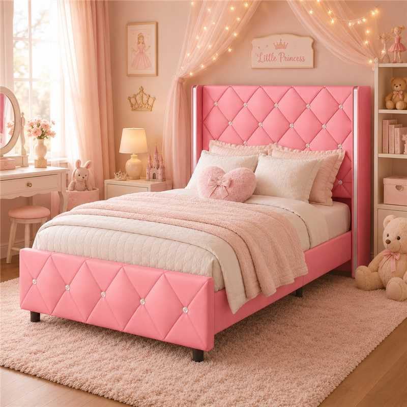 HOMBCK Twin Bed Frame with Leather Headboard, Silverside Wingback, Pink