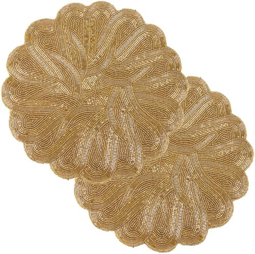 CLEENTABLE Gold Round Beaded Placemats, Set of 2