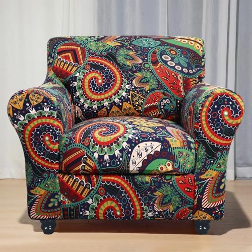 SearchI Stretch Sofa Cover Printed Couch Covers, Floral Pattern 2 Piece Armchair Slipcover with Separate Chair Cushion Cover, Washable Furniture Protector for Living Room(Armchair, Paisley Pattern)
