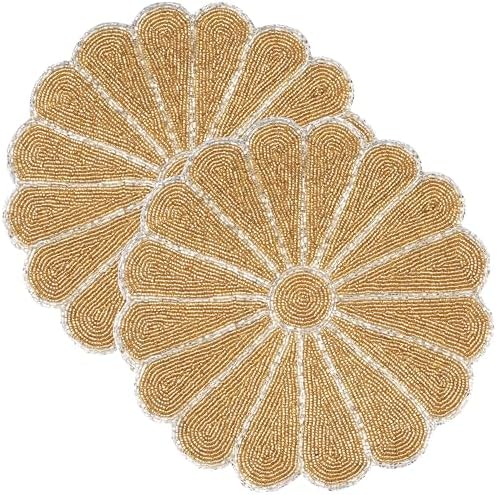 ALPHA Living HOME 2-Pack Round Placemats, Glass Beads, Gold Silver, 13 Inch