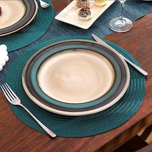 SHACOS Round Placemats Set of 6 Washable 15 inch Round Table Mats Cotton Polyester Woven Braided Place Mats for Dining Table, Teal Green
