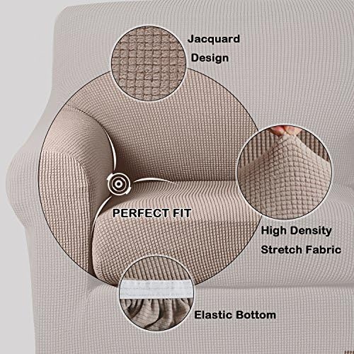 Turquoize Stretch Sofa Slipcover 2 Pieces Sofa Cover Couch Cover for 2 Cushion Couch Washable Furniture Protector Covers with Elastic Bottom Feature Thick Jacquard Fabric (Loveseat, Sand)
