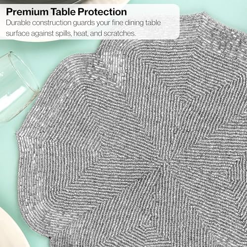 ALPHA Living HOME Silver Beaded Placemats Set of 2 Handmade Dining Mat Pair
