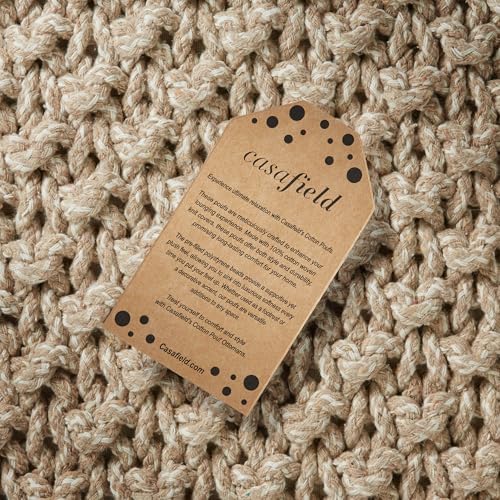 Casafield Square Pouf Ottoman, Beige Ivory - 18.5" W x 18.5" D x 14.5" H Cotton Knit Foot Stool - Boho Floor Pouffe for Living Room, Bedroom, Office