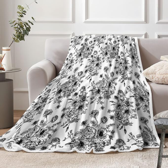 Floral Throw Blanket, Botanical Floral Blanket, Soft, Flannel, Warm, Boho Floral Bed Blanket All Season Flower Throw Blanket for Couch Bedroom Living Room, Black 60X70 Inch