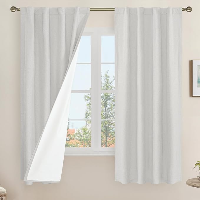 Light Grey 100% Blackout Linen Curtains 63 Inches by LAMIT