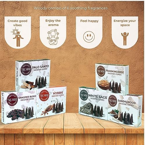 Trumiri Woody Incense Cones - Variety Pack - Total 60 Cone Incense (6 Scents x 10 Conos) - White Sage, Palo Santo, Dragons Blood, Sandalwood - Inscents-Cones Scented - Insense Cones - Incent Cone
