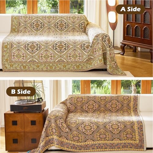 VANJOROY King Boho Throw Blanket, 100% Organic Cotton Breathable Skin-Friendly Ultra Soft 91" x 98" Bed Quilt Throw - Floral Rustic Decor Luxury Reversible Blanket for Sofa Couch Chair and Gift