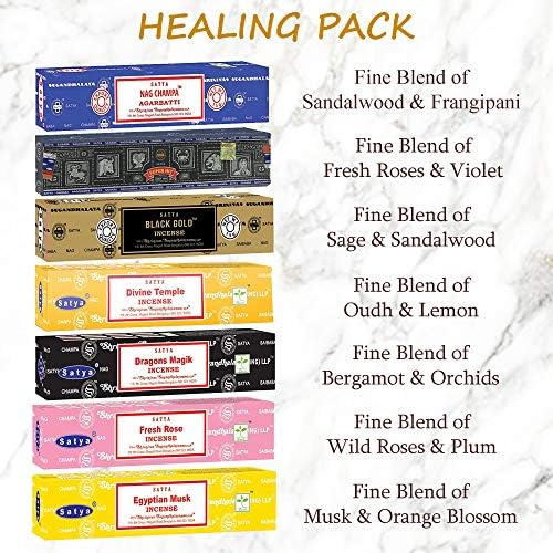 Satya Incense Sticks Gift Set, 7 Scents, Nag Champa, Super Hit, Dragon's Blood, Sandalwood, Patchouli, Lavender, Positive Vibes, 15g Each (Healing Mix)