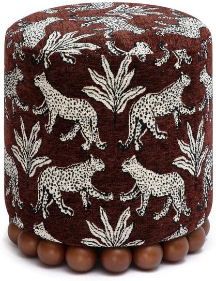First of a Kind Brown Leopard Jacquard Ottoman, Upholstered Accent Stool and Footrest with Plush Foam-Padded Top and Solid Wood Orb Legs
