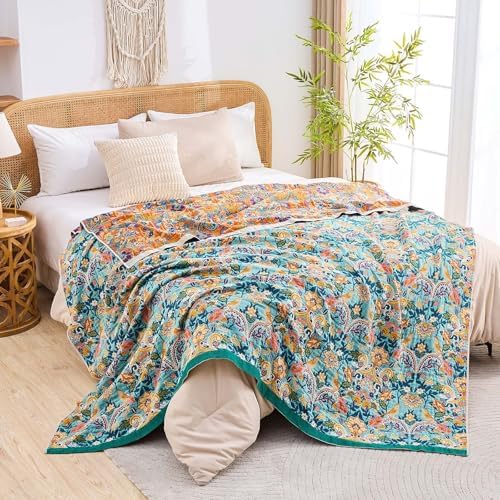 XIBLC Boho Blanket Throw Quilt, 100% Cotton Soft Light Weight Throw Blankets for Summer, 60"x80" Farmhouse Flower Decorative Blankets, All Season Rustic Reversible Bohemian Throw Quilt