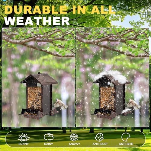 Squirrel Proof Bird Feeder for Outdoor Hanging,Metal Bird Seed Feeder with Bilateral Weight Activated Perches,5LB Large Capacity Wild Bird Feeders for Outside,Easy Refill and Clean,Brown