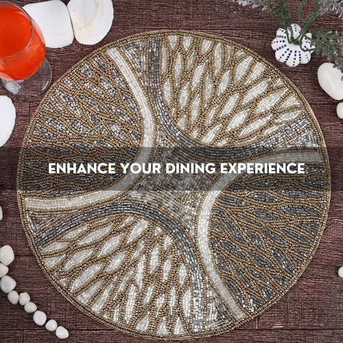 CLEENTABLE Brown Grey Round Beaded Placemats, Set of 2