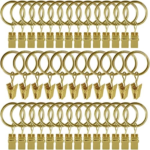 44 Pack Metal Curtain Rings with Clips, 1 in ID, Gold