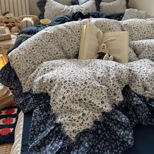 Vintage Floral Duvet Cover Twin Size 3 Pcs,Ruffled Bedding 68"×86"