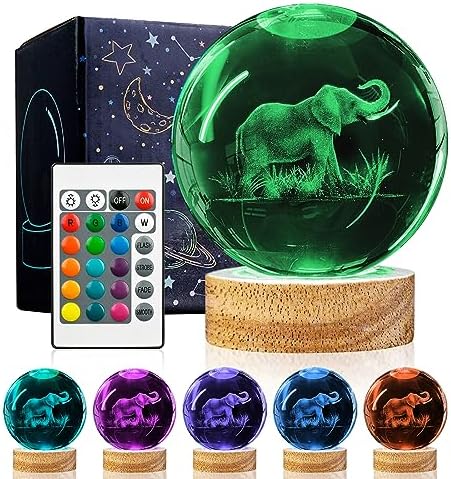 3D Elephant Crystal Ball Night Light With 16 Color Wooden Base, Upgraded 3.15 Inch Glass Ball Lamp With Remote for Birthday Holiday Xmas, Cool Toy Decor Gifts for Boys Girls Kids