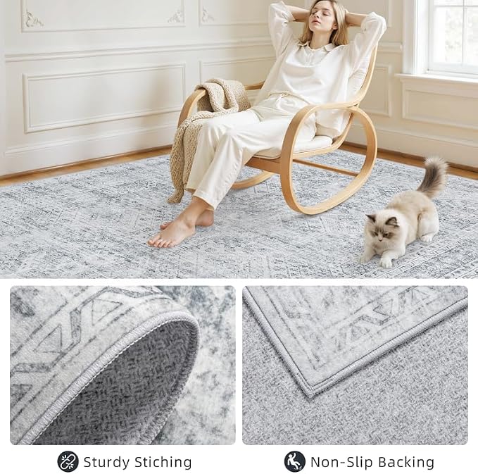 8x10 Area Rugs Living Room: Bedroom Neutral Washable Carpet Gray | Vintage Boho - Image 4