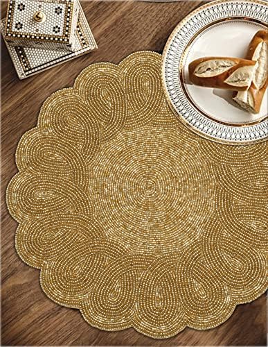 Lightnpro Decorative Beaded Placemats Set of 2 – 13 Inch Gold Round Scalloped Charger Mats, Elegant Handmade Artisan Gold Beaded Table Accessories Décor for Dining, Kitchen, Weddings & Parties