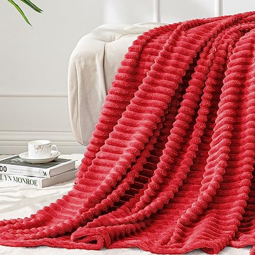 BEDELITE 3D Ribbed Jacquard Red Fleece Throw Blanket for Couch, 50x60 Inch