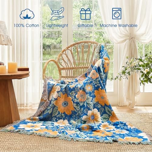 Boho Throw Blanket - 100% Cotton 50x60in Soft Blankets for Bed Couch