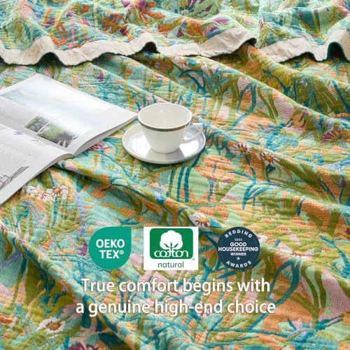 VANJOROY Boho Throw Blanket, 100% Organic Cotton Breathable Skin-Friendly Ultra Soft 60" x 80" Bed Quilt Green Leaf Throw - Floral Rustic Luxury Reversible Blanket for Sofa Couch Chair and Gift,