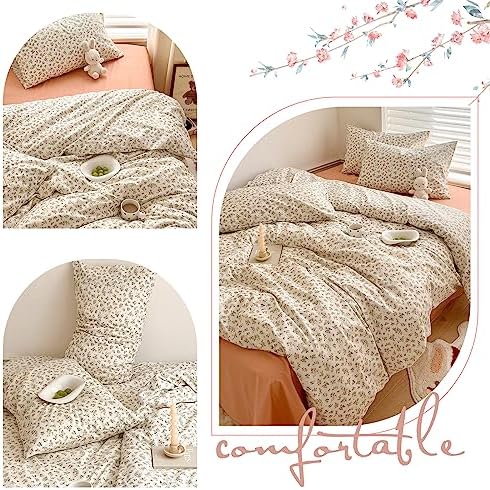 HighBuy Boho Cotton Floral Duvet Cover Twin White Coquette Bedding Comforter Quilt Duvet Covers with Pink Floral,Garden Floral Bedding Set Twin Lightweight Soft Cottagecore Duvet Cover Sets Cute