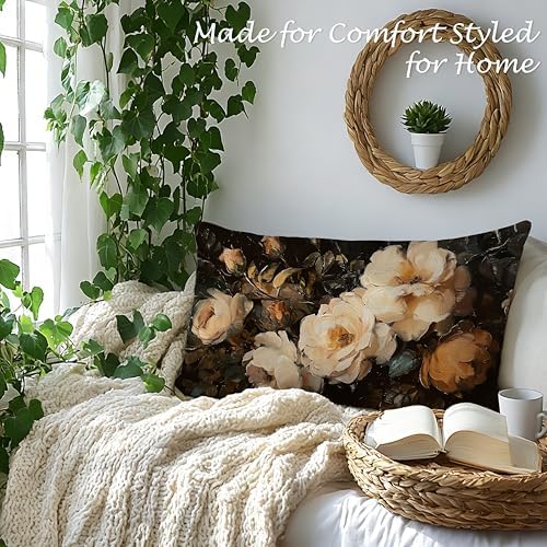 Vintage Moody Floral Pillow Cover 12x20, Dark Cottagecore Botanical Wildflower Still Life Decorative Lumbar Pillow Cover for Couch Bed Living Room Bedroom