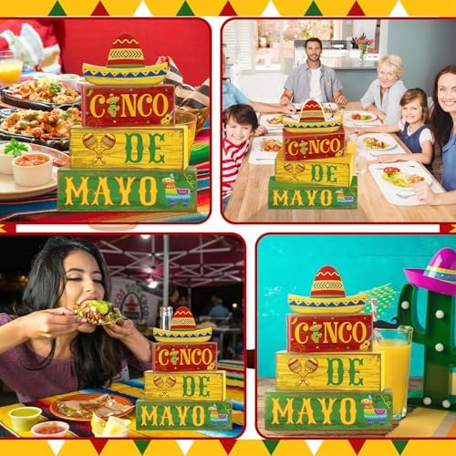 Yuntau 4 Pcs Cinco De Mayo Wood Blocks Tiered Tray Tabletop Centerpiece