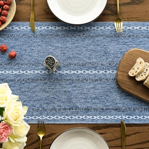 Artoid Mode Blue Rustic Cotton Linen Table Runner, Seasonal Embroidered Hollow Kitchen Dining Table Decoration for Home Party Decor 13x60 Inch