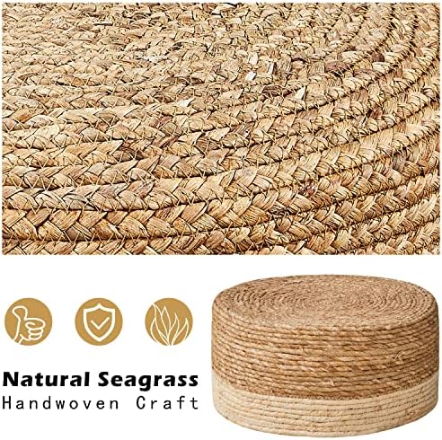 Cpintltr Foot Stool Natural Seagrass Hand Weave Poufs Round Ottoman for Couch Desk Soft Step Stool Padded Foot Rest with Non-Skid Pine Legs for Hallway Office Lounge Natural/White